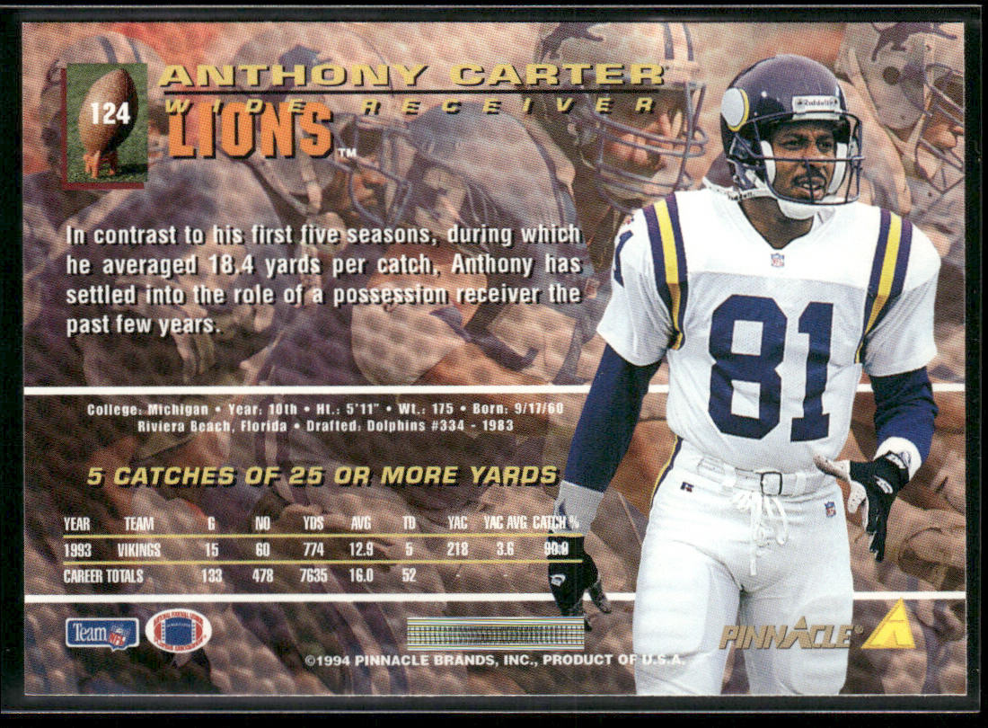 Anthony Carter 1994 Pinnacle #124 Detroit Lions