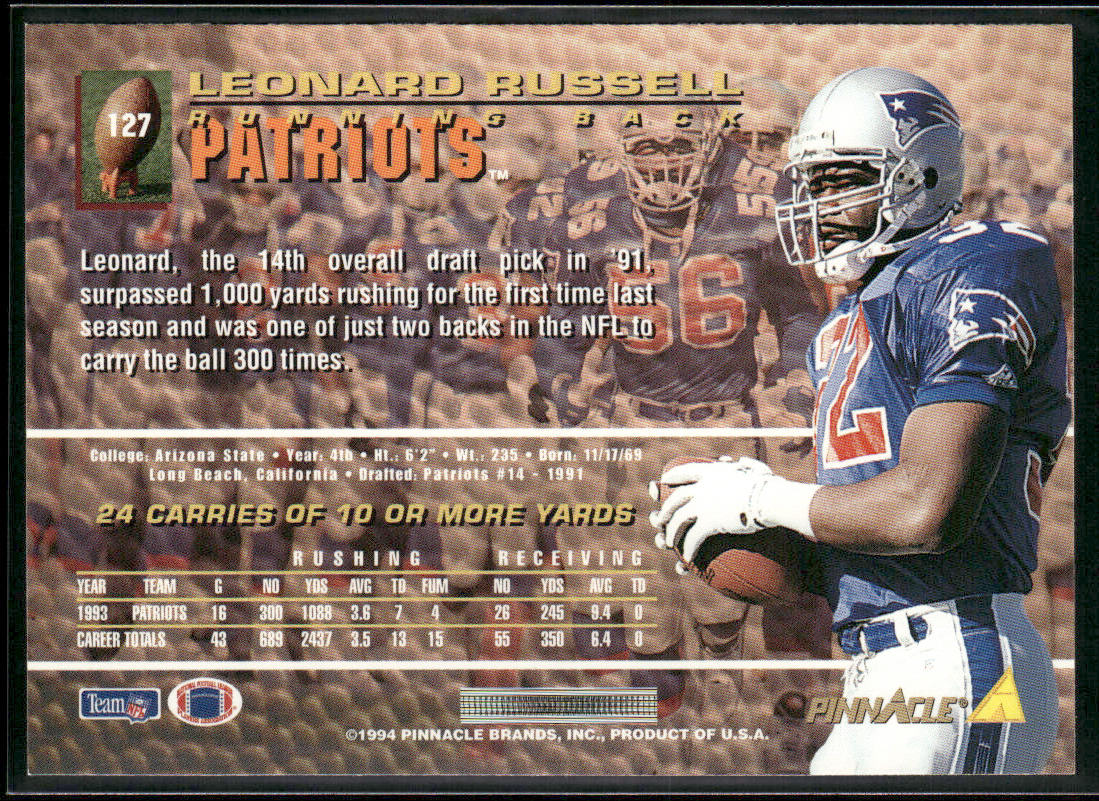 Leonard Russell 1994 Pinnacle #127 New England Patriots