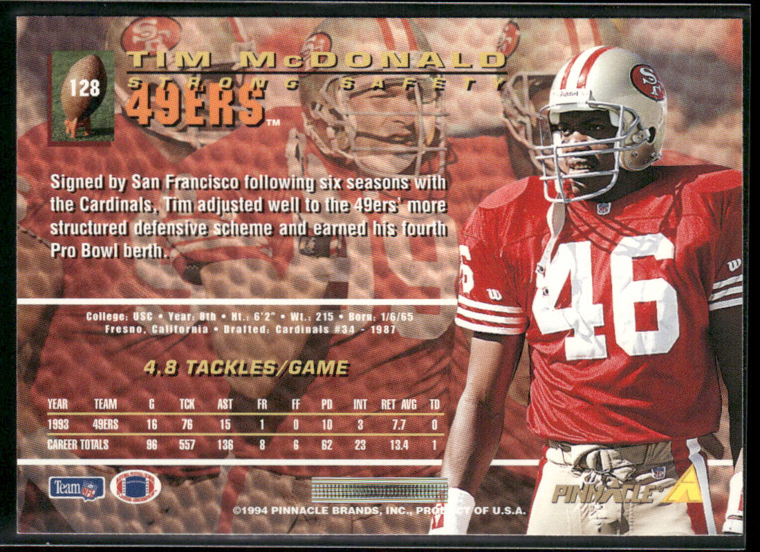 Tim McDonald 1994 Pinnacle #128 San Francisco 49ers