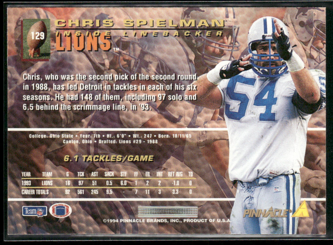 Chris Spielman 1994 Pinnacle #129 Detroit Lions