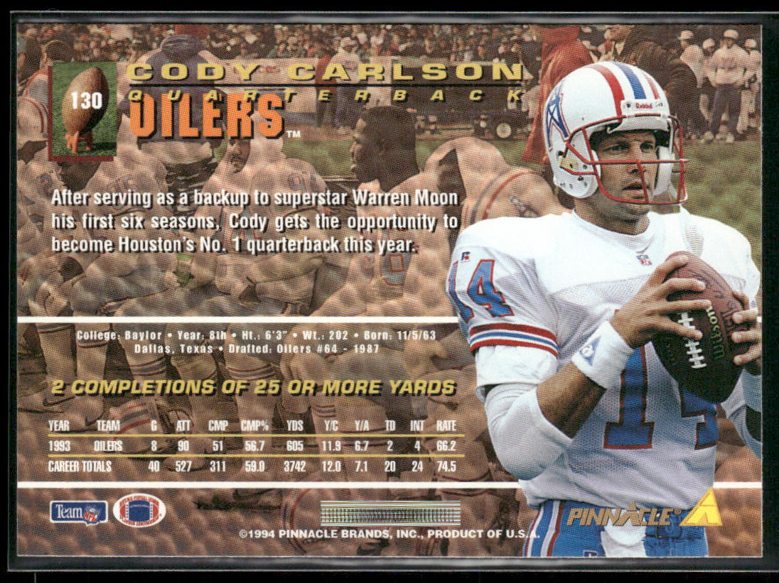 Cody Carlson 1994 Pinnacle #130 Houston Oilers