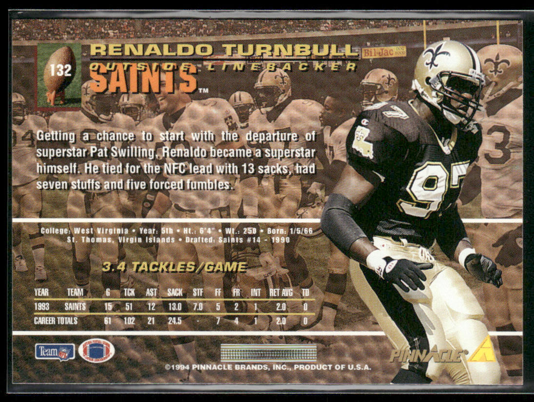 Renaldo Turnbull 1994 Pinnacle #132 New Orleans Saints