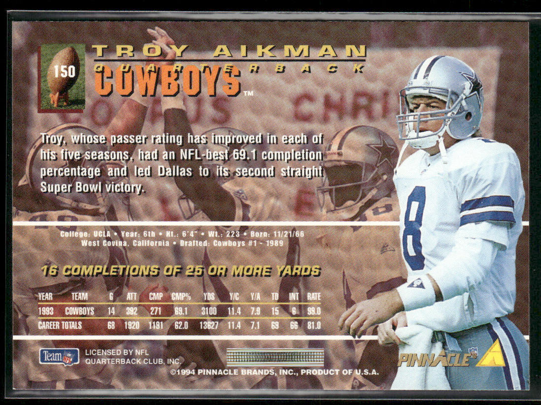 Troy Aikman 1994 Pinnacle #150 Dallas Cowboys