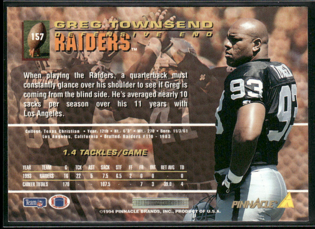 Greg Townsend 1994 Pinnacle #157 Los Angeles Raiders