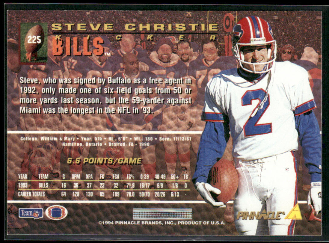 Steve Christie 1994 Pinnacle #225 Buffalo Bills
