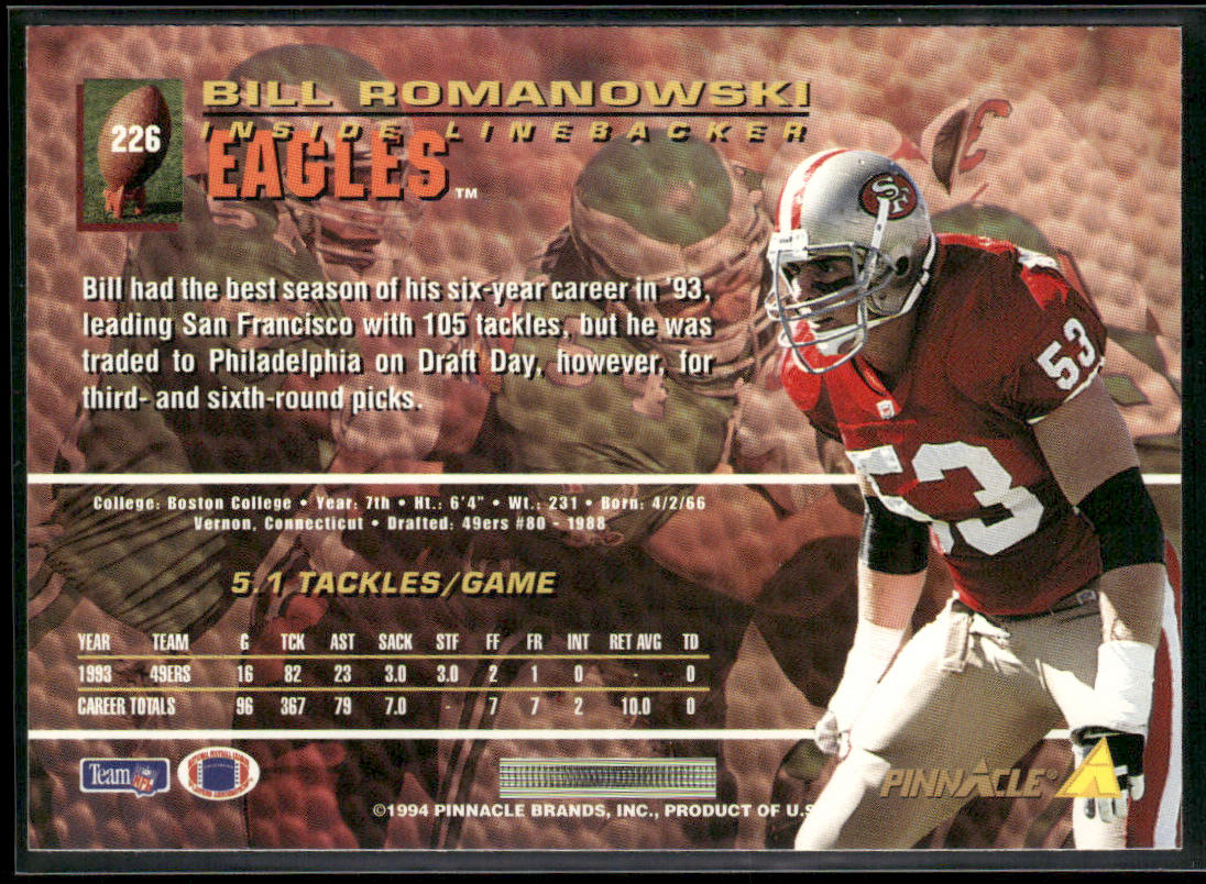 Bill Romanowski 1994 Pinnacle #226 Philadelphia Eagles