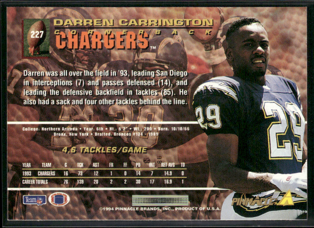 Darren Carrington 1994 Pinnacle #227 San Diego Chargers