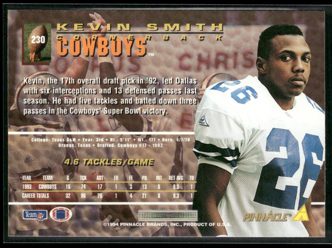 Kevin Smith 1994 Pinnacle #230 Dallas Cowboys