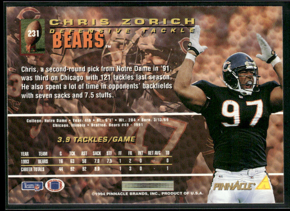 Chris Zorich 1994 Pinnacle #231 Chicago Bears