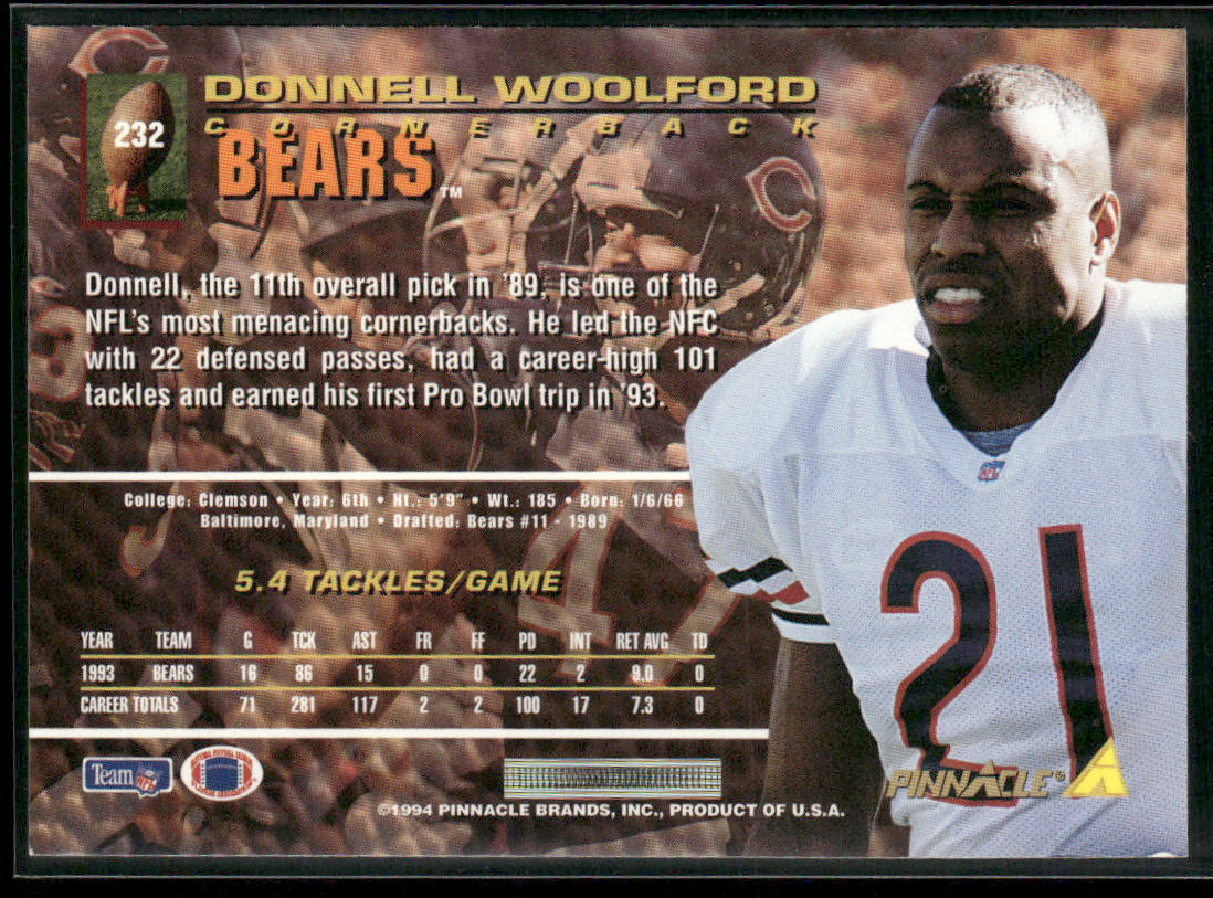 Donnell Woolford 1994 Pinnacle #232 Chicago Bears