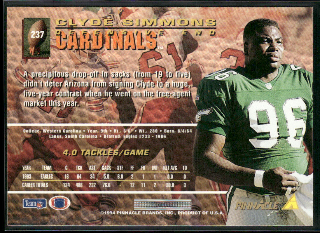 Clyde Simmons 1994 Pinnacle #237 Arizona Cardinals