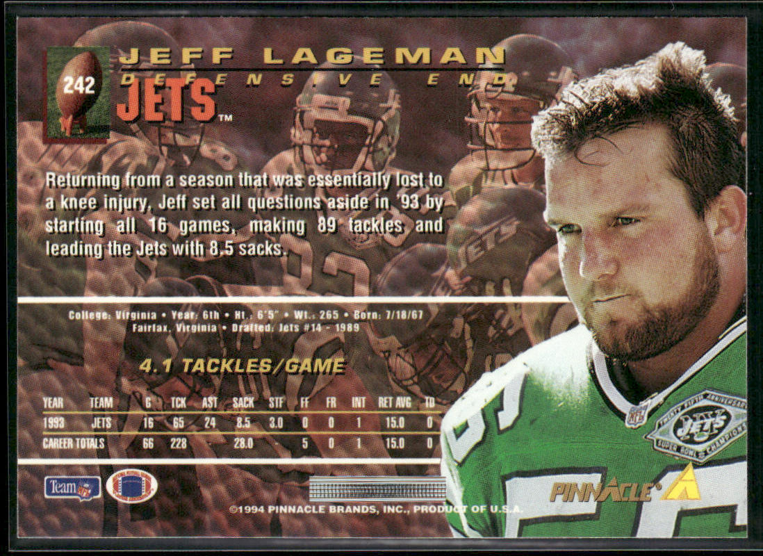 Jeff Lageman 1994 Pinnacle #242 New York Jets
