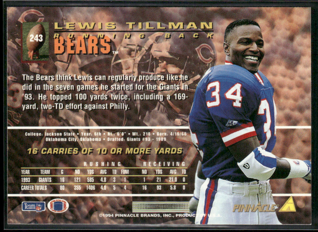 Lewis Tillman 1994 Pinnacle #243 Chicago Bears