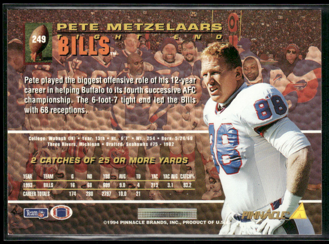 Pete Metzelaars 1994 Pinnacle #249 Buffalo Bills