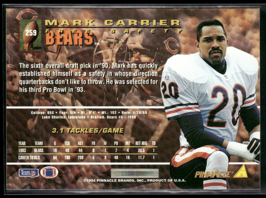 Mark Carrier 1994 Pinnacle #259 Chicago Bears