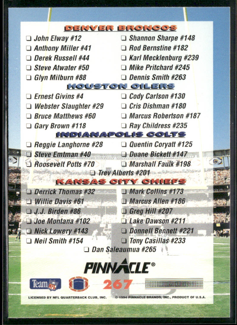 AFC Checklist #1 1994 Pinnacle #267