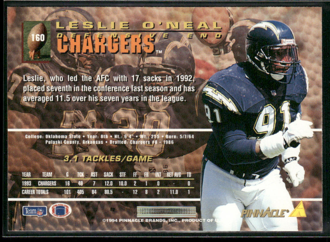 Leslie O'Neal 1994 Pinnacle #160 San Diego Chargers