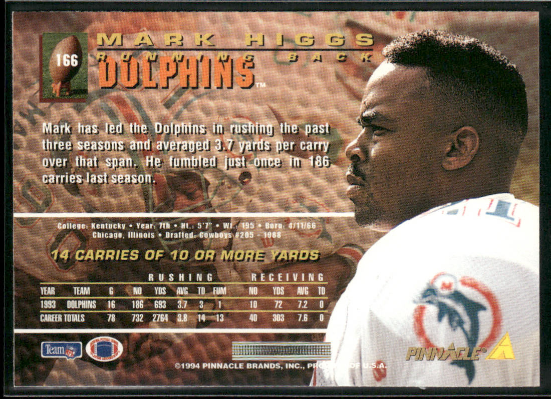 Mark Higgs 1994 Pinnacle #166 Miami Dolphins