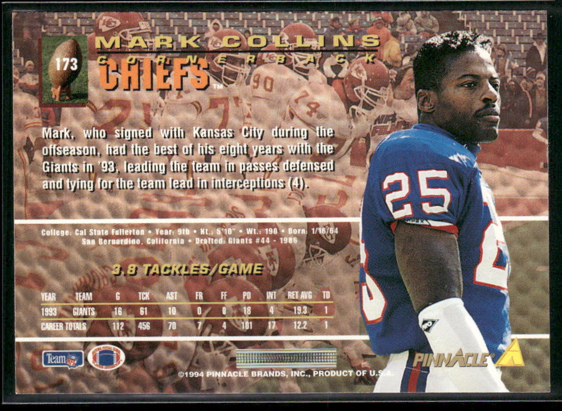 Mark Collins 1994 Pinnacle #173 Kansas City Chiefs