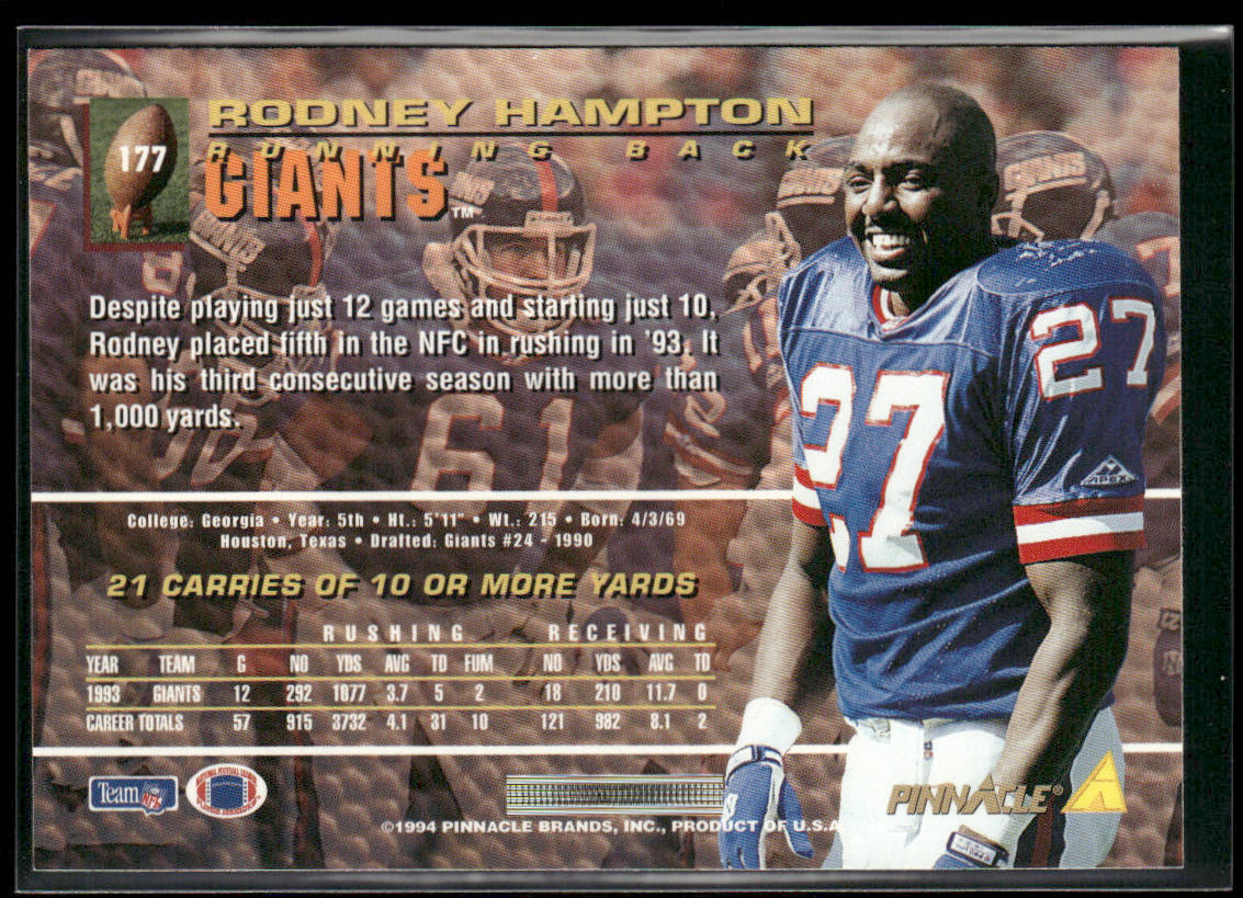 Rodney Hampton 1994 Pinnacle #177 New York Giants