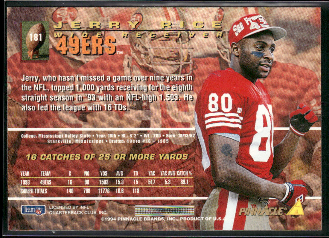 Jerry Rice 1994 Pinnacle #181 San Francisco 49ers