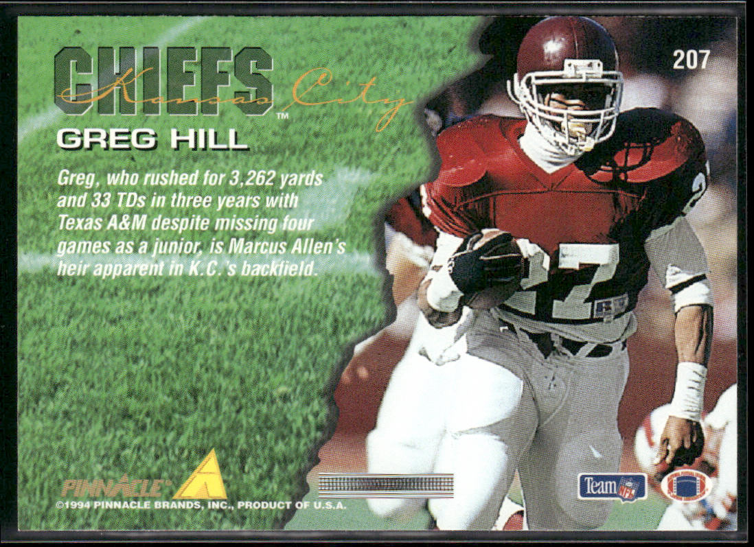 Greg Hill 1994 Pinnacle #207 RC Kansas City Chiefs