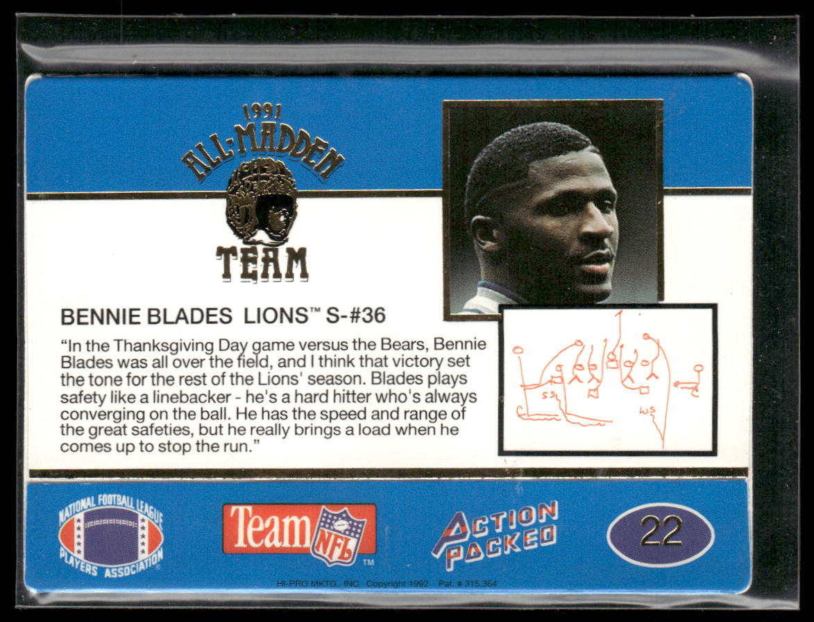 Bennie Blades 1991 Action Packed All-Madden #22 Detroit Lions
