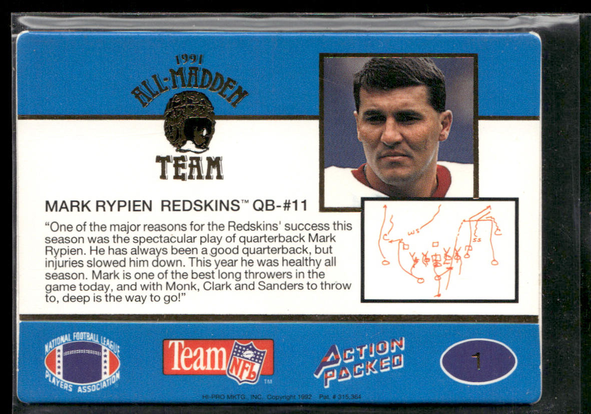 Mark Rypien 1991 Action Packed All-Madden #1 Washington Redskins