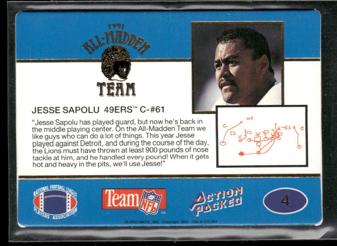Jesse Sapolu 1991 Action Packed All-Madden #4 San Francisco 49ers