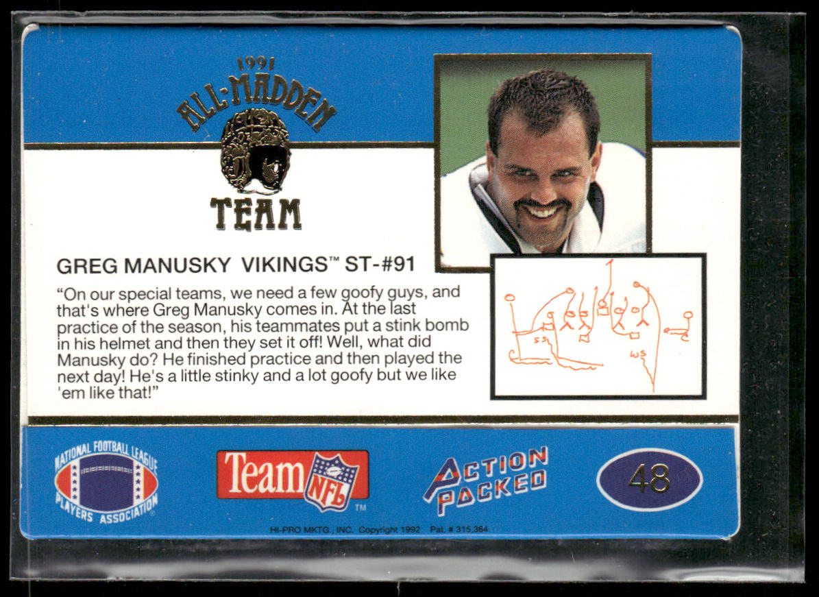 Greg Manusky 1991 Action Packed All-Madden #48 RC Minnesota Vikings
