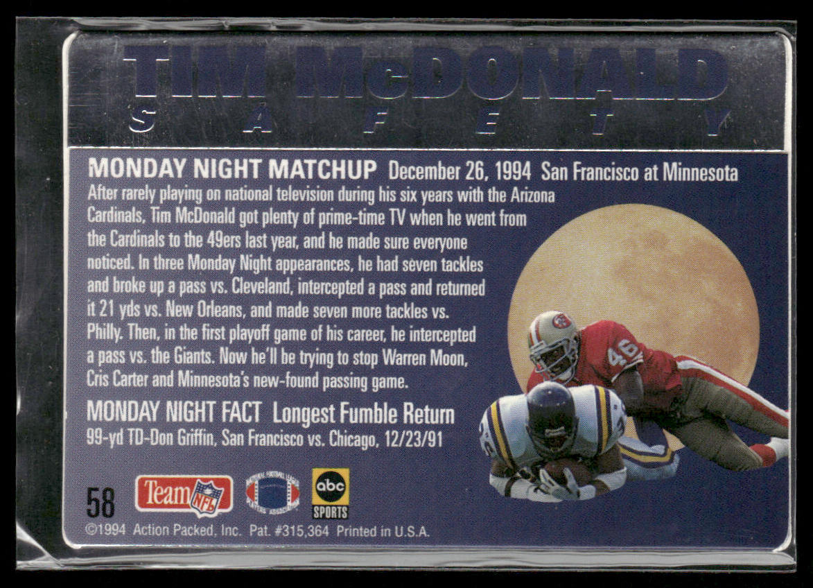 Tim McDonald 1994 Action Packed Monday Night Football #58 San Francisco 49ers