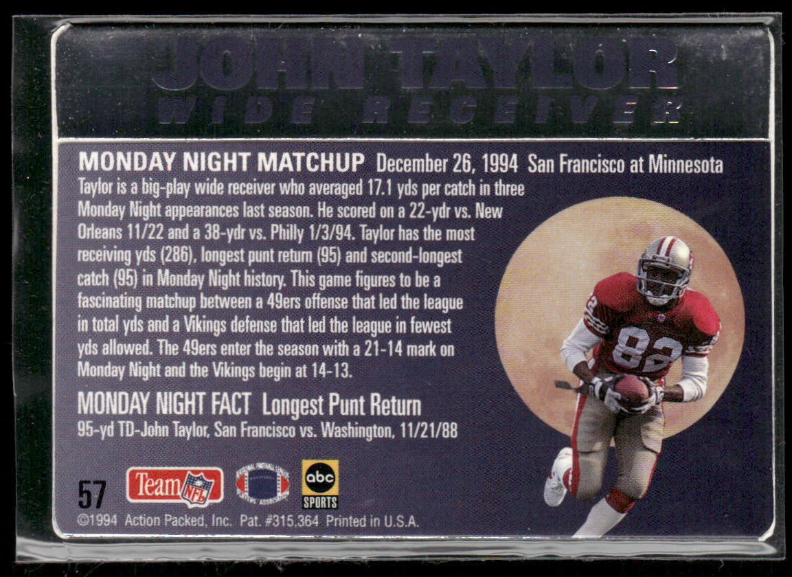 John Taylor 1994 Action Packed Monday Night Football #57 San Francisco 49ers