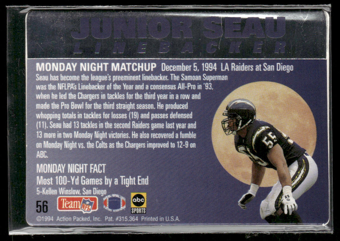 Junior Seau 1994 Action Packed Monday Night Football #56 San Diego Chargers