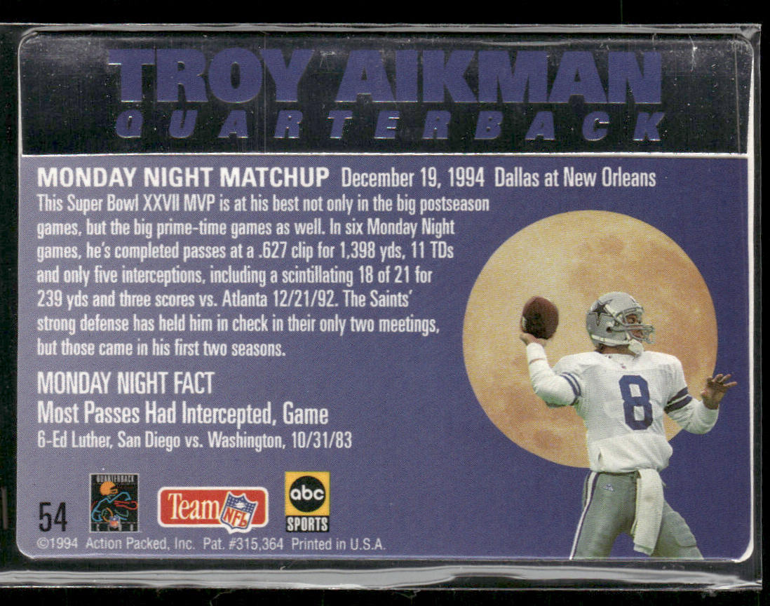 Troy Aikman 1994 Action Packed Monday Night Football #54 Dallas Cowboys