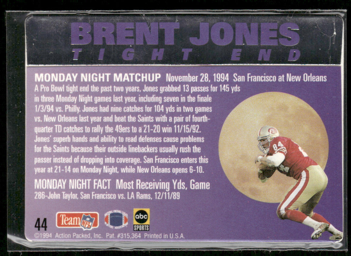 Brent Jones 1994 Action Packed Monday Night Football #44 San Francisco 49ers