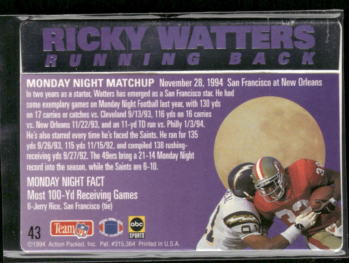 Ricky Watters 1994 Action Packed Monday Night Football #43 San Francisco 49ers
