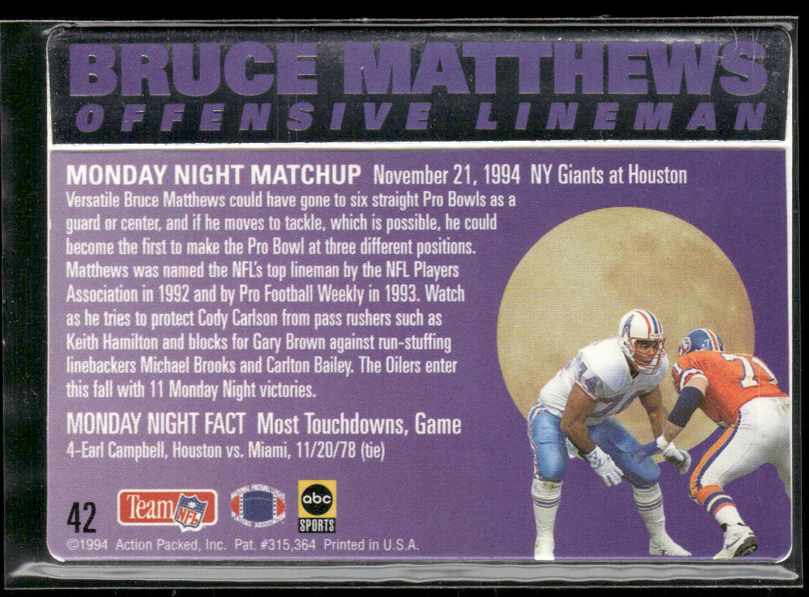Bruce Matthews 1994 Action Packed Monday Night Football #42 Houston Oilers