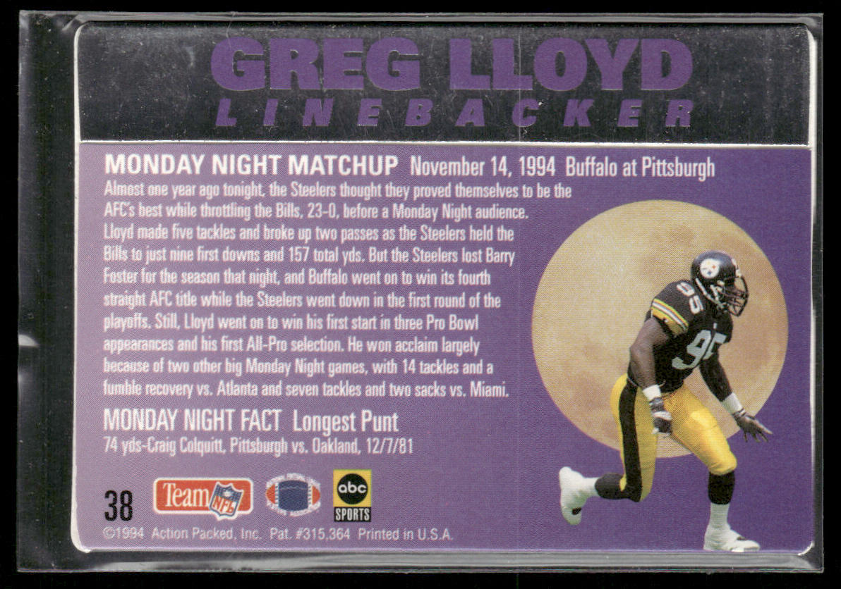 Greg Lloyd 1994 Action Packed Monday Night Football #38 Pittsburgh Steelers