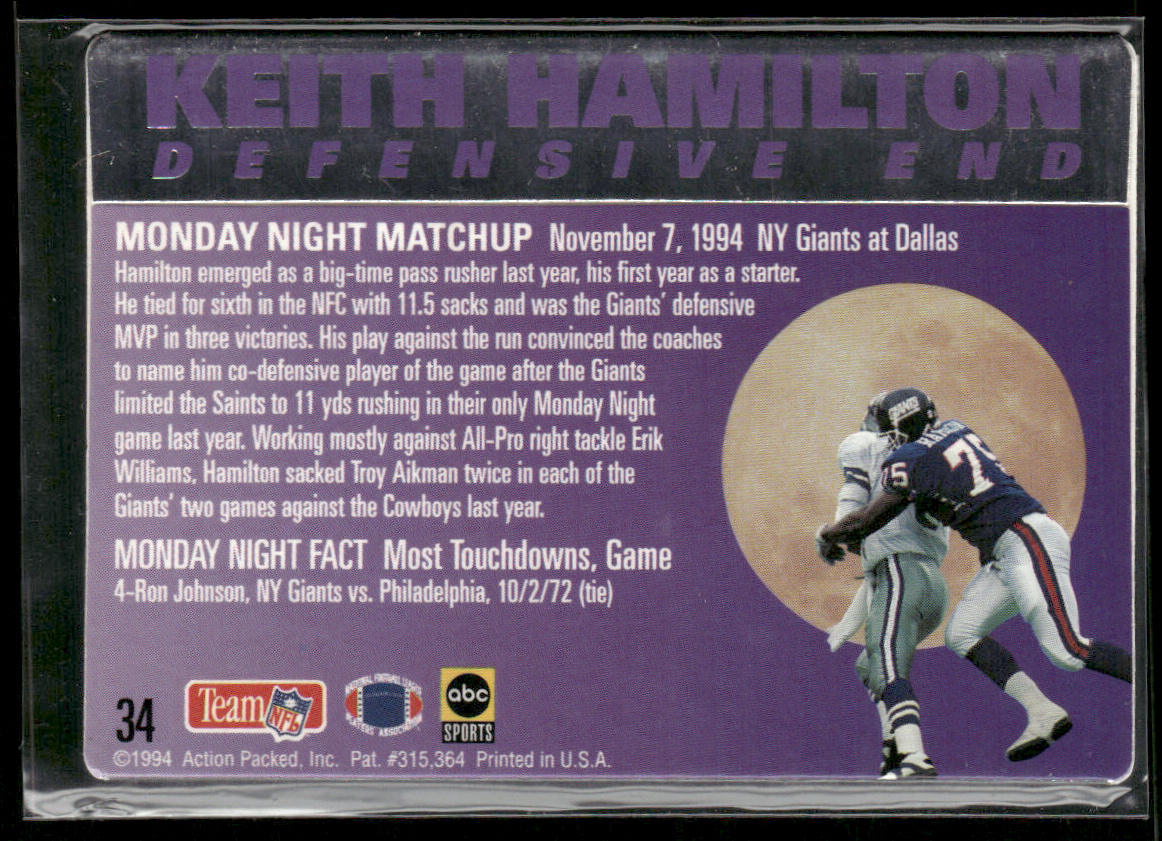 Keith Hamilton 1994 Action Packed Monday Night Football #34 New York Giants