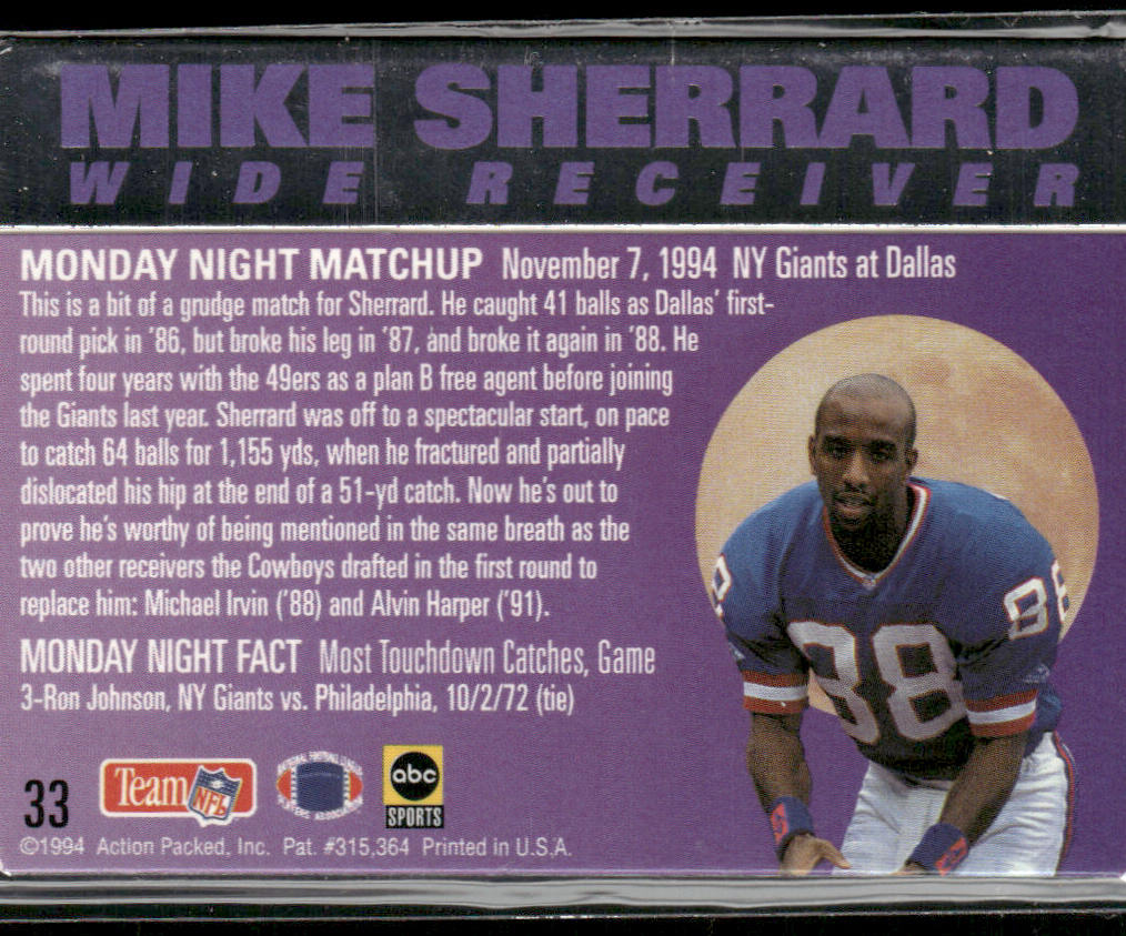Mike Sherrard 1994 Action Packed Monday Night Football #33 New York Giants