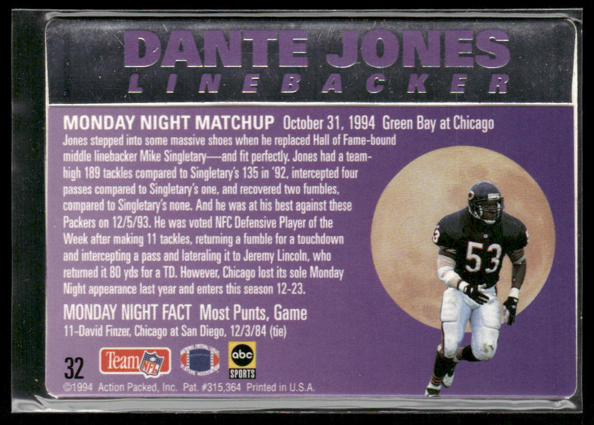 Dante Jones 1994 Action Packed Monday Night Football #32 Chicago Bears