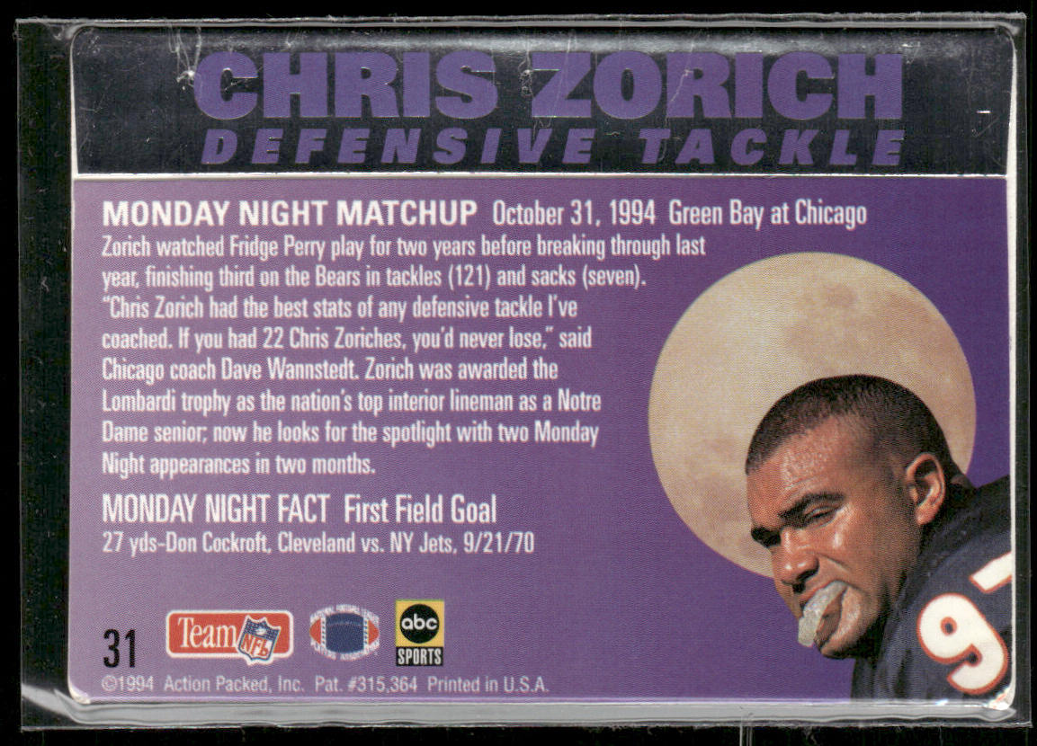 Chris Zorich 1994 Action Packed Monday Night Football #31 Chicago Bears