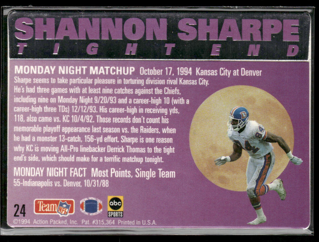 Shannon Sharpe 1994 Action Packed Monday Night Football #24 Denver Broncos