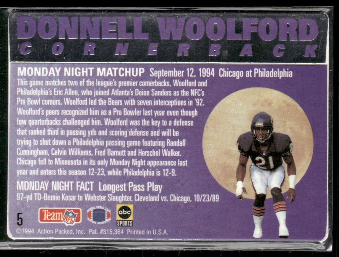 Donnell Woolford 1994 Action Packed Monday Night Football #5 Chicago Bears