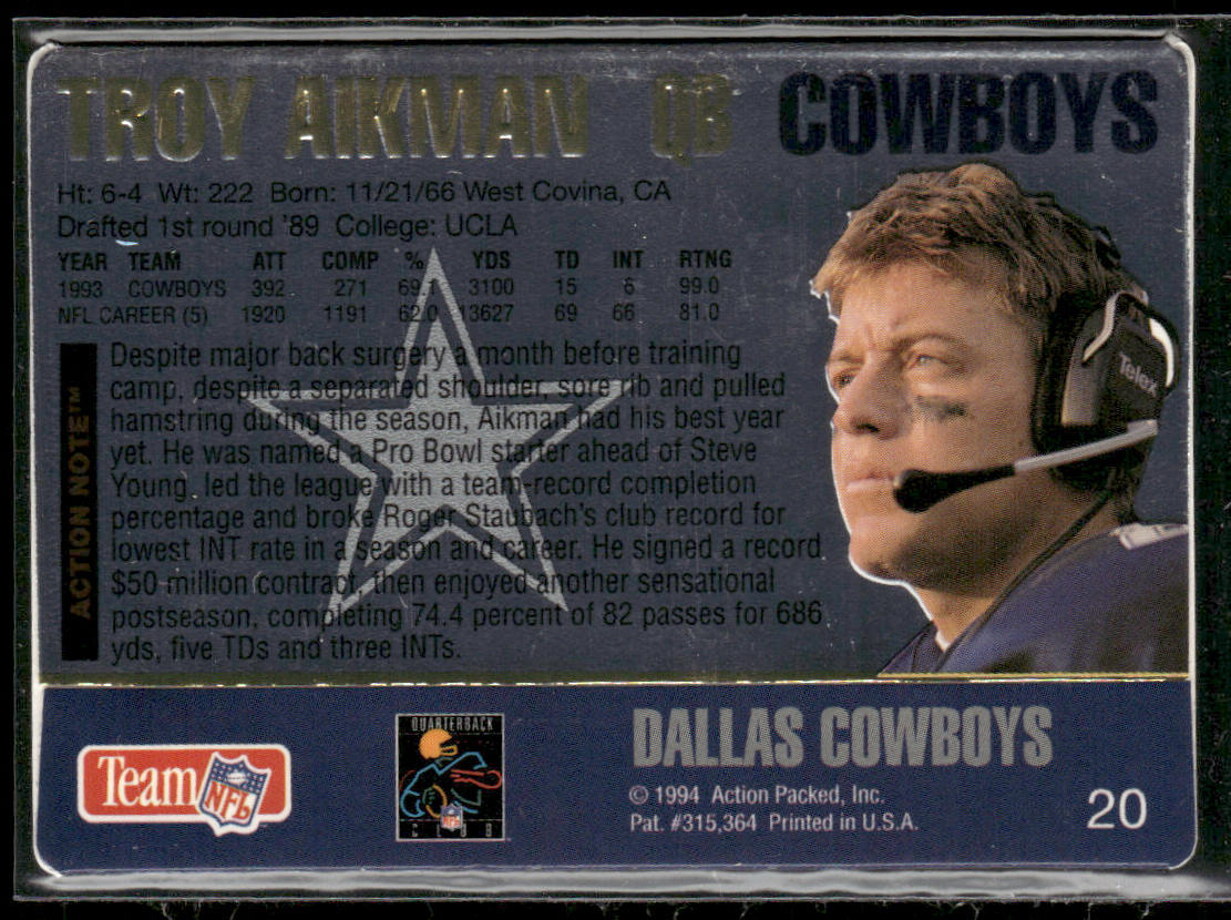 Troy Aikman 1994 Action Packed #20 Dallas Cowboys
