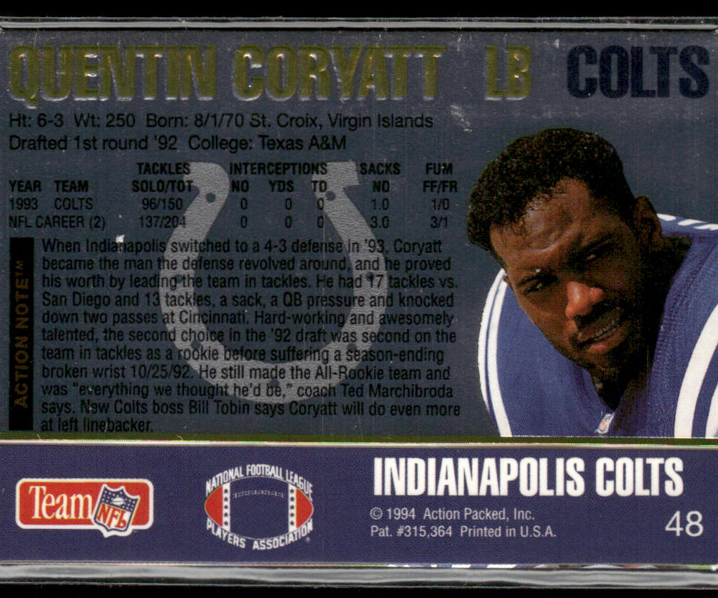 Quentin Coryatt 1994 Action Packed #48 Indianapolis Colts
