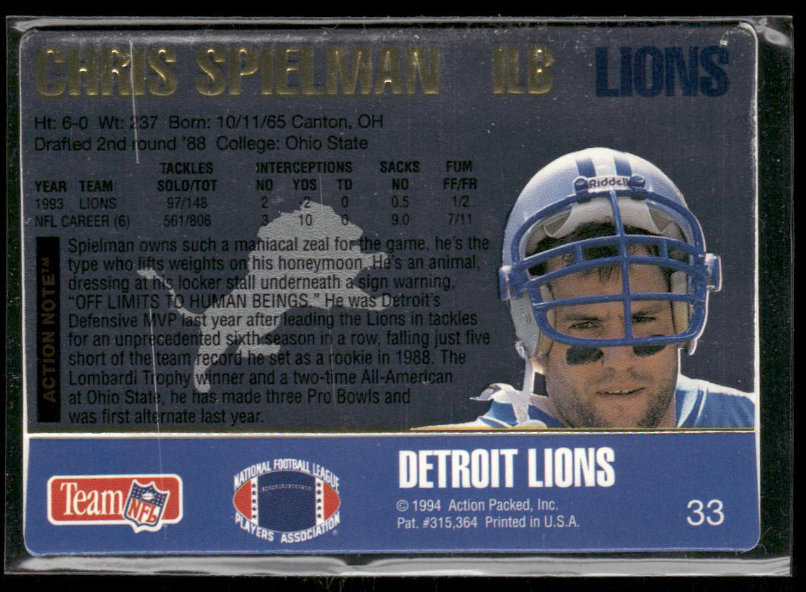 Chris Spielman 1994 Action Packed #33 Detroit Lions