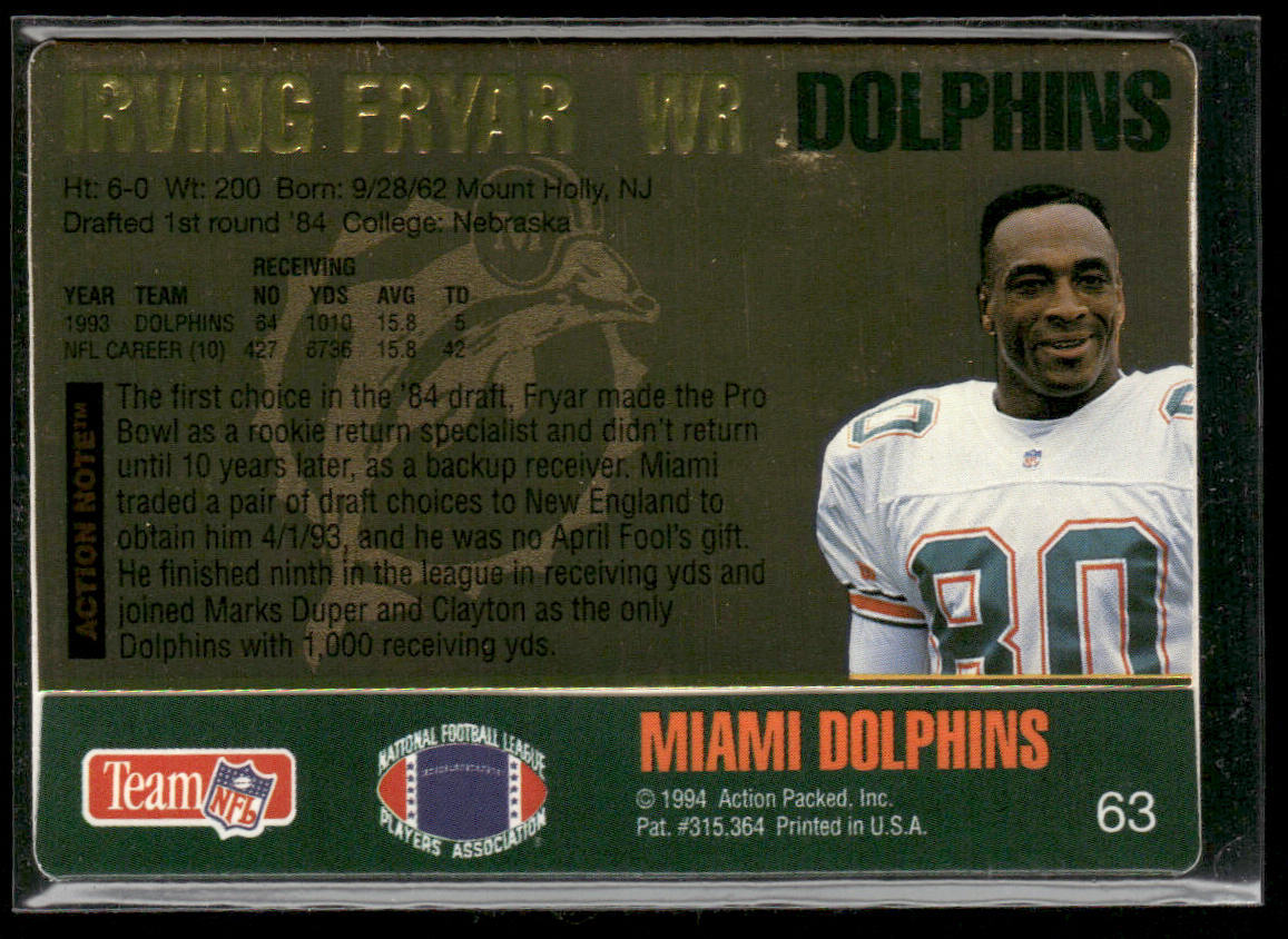 Irving Fryar 1994 Action Packed #63 Miami Dolphins
