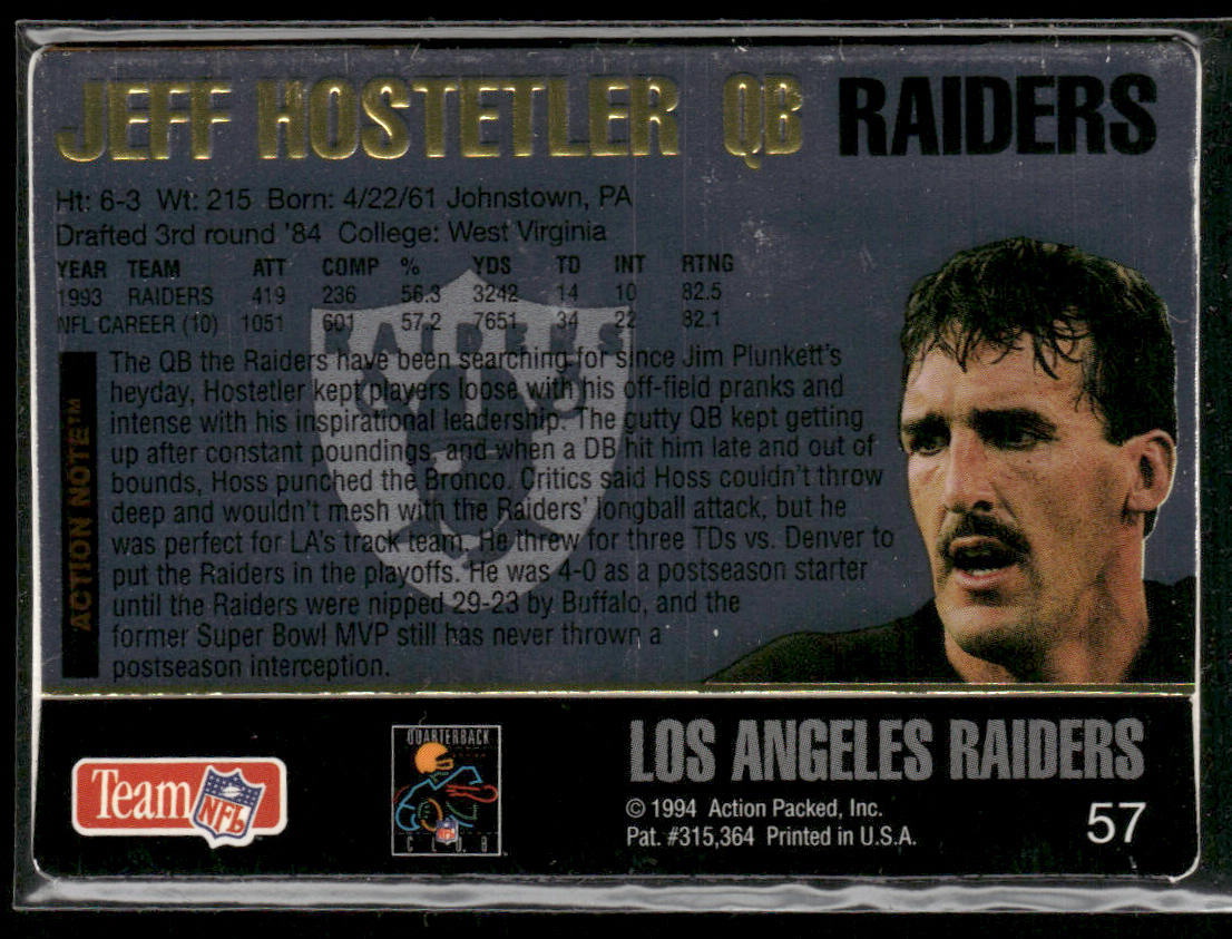 Jeff Hostetler 1994 Action Packed #57 Los Angeles Raiders