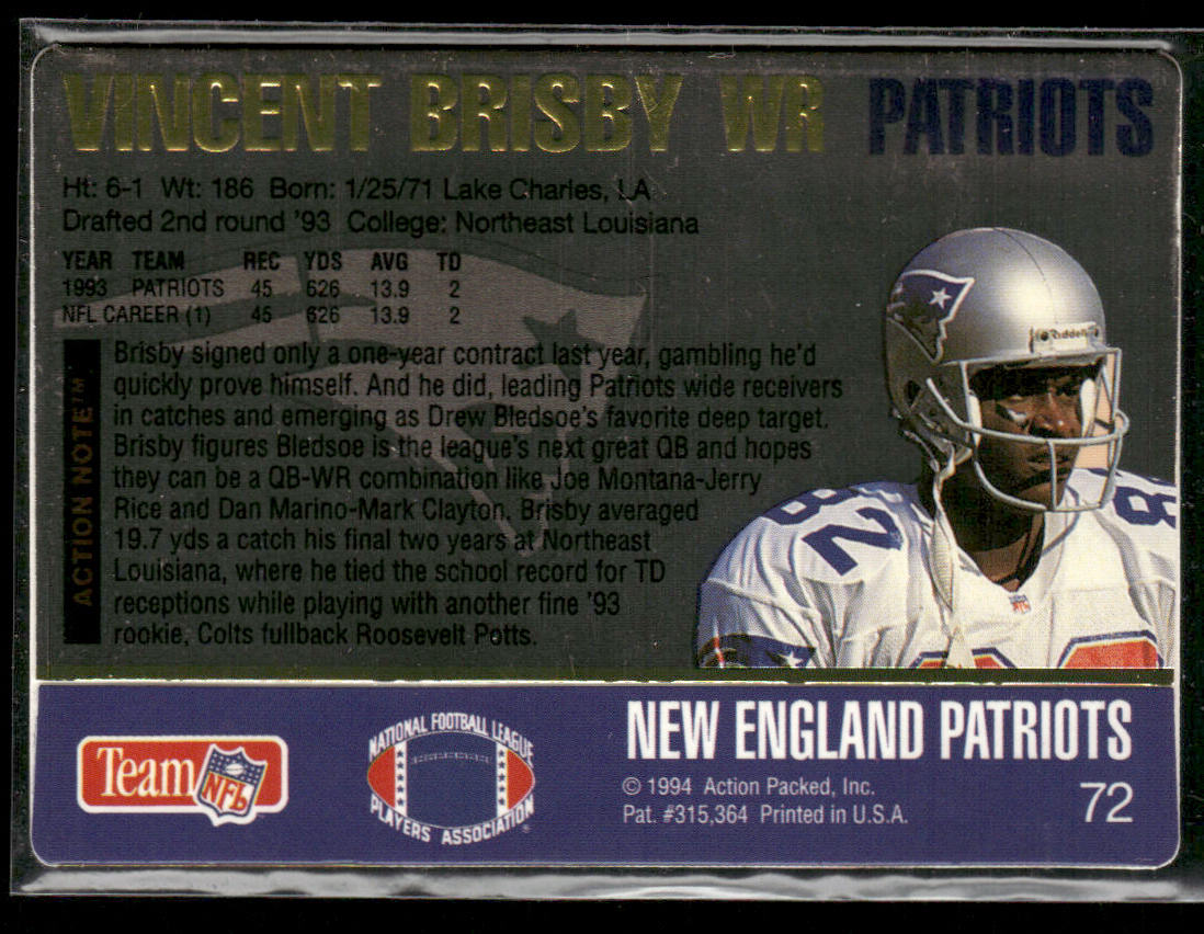 Vincent Brisby 1994 Action Packed #72 New England Patriots
